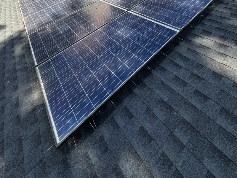 Protective critter guard mesh fitted around rooftop solar panels